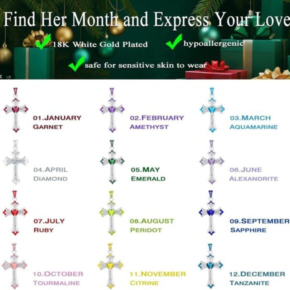 Cross Necklace for Women, Heart CZ Birthstone Pendant Necklace Crucifix, Birthda - Picture 7 of 7